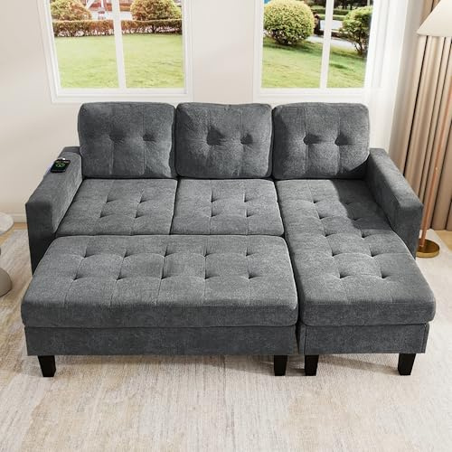 MOBETTRES Multifunktionale L-Form Wohnzimmer-Sofagruppe: Mit extra großer beweglicher Fußbank + L-E-D-Ambiente-Beleuchtung,Dreisitzer-L-Form-Sofa + Zweisitzer-Fußbank-Kombination (Grau)