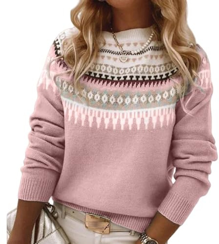Norwegian Sweater Women, Women's Knitted Print Retro Sweater Crewneck Long Sleeve, Autumn and Winter Casual Jacquard Sweater (K,L)