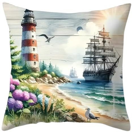 Generisch Kissenhülle Maritim Leuchtturm Segelschiff Schiff 45 x 45 cm Kissenbezug mit Reißverschluß Wohnen Deko MU K813