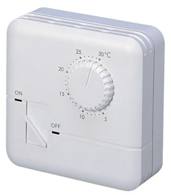 Termostato ambientale analogico da parete, temperatura impostabile +5°C - +30°C, utilizzo semplice e intuitivo, alimentazione 220V 230V, con indicazione ON - OFF, bianco