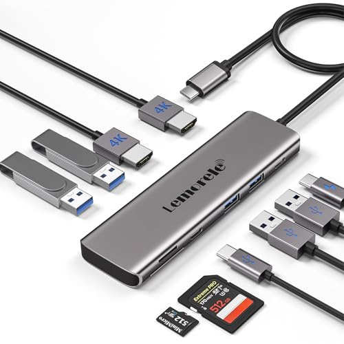 Lemorele Docking Station USB-C 10 en 1, 2 HDMI, 5 USB, PD 100W, SD/TF | Cuerpo de aluminio; pantalla extendida en Windows y duplicada en macOS, con puertos USB para almacenamiento y periféricos
