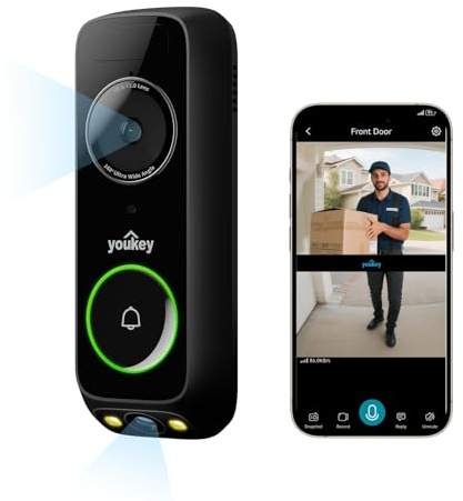 youkey Timbre inalámbrico de vídeo con Gong, sin cuota mensual, timbre de puerta con batería 2K con vídeo de cabeza a pies, detección de paquetes, 2,4/5 GHz WiFi 6, 8 GB de memoria, control de voz