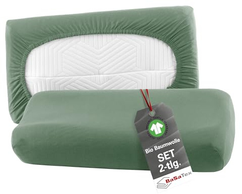 BaSaTex Bio Kissenbezüge Spannbezüge 2er Pack für Nackenkissen und Gesundheitskissen | 97% GOTS-Zertifizierte Baumwolle + 3% Elasthan | 30x50 cm - Farbe: Salbei Grün