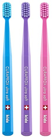 Curaprox Kids Brosse À Dents, Bleu/Violet/Rose, Fabriqué En Suisse | Pour Enfants De 4 À 12 Ans, Nettoyage Ultra Doux, 5 500 Filaments Curen®, Lot De 3