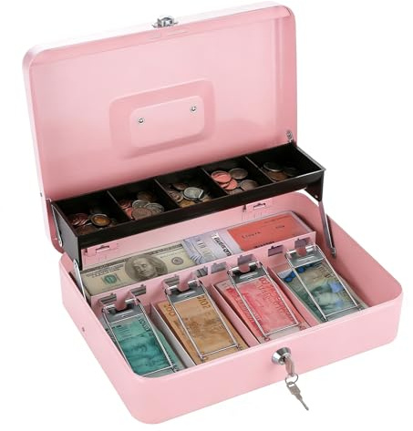 Pinke Metallkassette mit Schlüsselschloss, 30 x 24 x 9 cm, tragbare Geldkassette, kleine Geldkassette, große Spardose, rosa Geldscheine und Münztresor, sicher verschließbar, mit Münzfach und