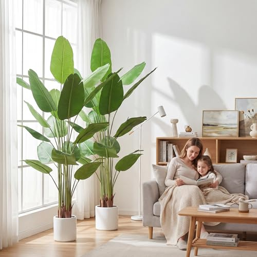 BEAUTYPEAK Groß Bananenpflanze Kunstpflanze, Künstliche Pflanze 2 Stück | 180cm Kunstpflanze Wie Echt mit Weißem Topf, Robuste Verarbeitung, Biegbare Blätter,Zimmerpflanze Deko für Balkon,Fake Plants