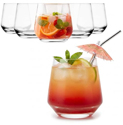 Oceano Set 6 Bicchieri in Vetro Trasparente 370ml Calici Senza Stelo per Acqua, Vino, Cocktail e Whisky Design Moderno a Base Larga Lavabili in Lavastoviglie