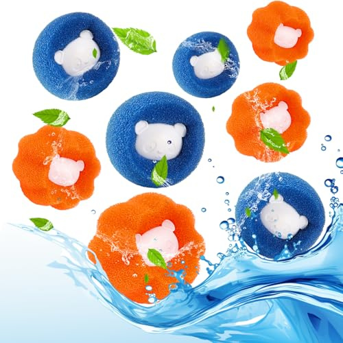 Tierhaarentferner Waschmaschine, 8er-Pack, Blau+Orange | Wiederverwendbare Fusselfangbälle, Fusselfilter, zum Auffangen von Tierhaaren, Hundehaaren, Katzenhaaren