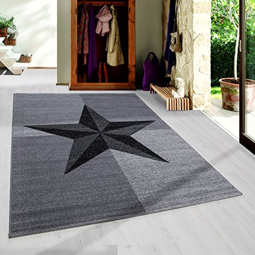 HomebyHome Teppich 200x290 cm Grau Kurzflor Stern Design Moderner Teppich für Wohnzimmer Schlafzimmer Flur Küche Esszimmer Kinderzimmer Pflegeleicht Weich