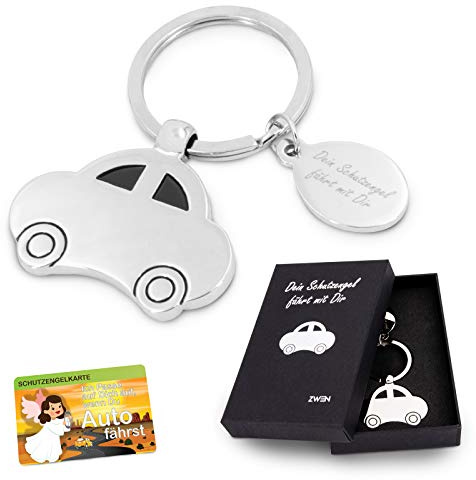 ZWEN Auto-Schlüsselanhänger Schutzengel-Gravur + Schutzengelkarte | Glücksbringer silber glänzend - Talisman für Autofahrer & als Geschenk zum Führerschein in Geschenkbox geliefert