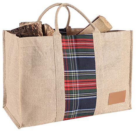 Heavy Duty Firewood Log Bag XL Durable Kindling Carrier Holds 50kg | Carrying Handles, Tartan Striped Finish, Fireside Storage