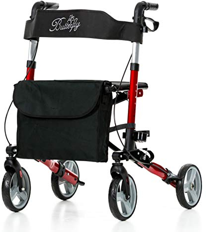 REHASHOP Leichtgewichtrollator Butterfly Rot - Faltbar und Leicht inkl. Stockhalter