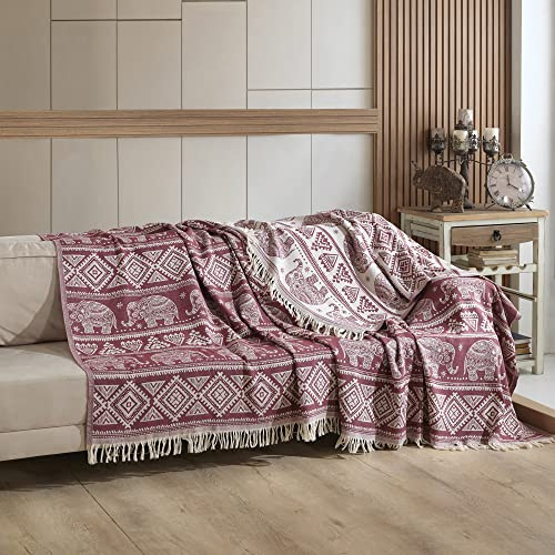 Milam London Bed Throw King Size | 100% Cotton Blanket Throws for Sofas Large | King Size Bedspread | Boho Home Decor | 220 x 240 cm | Burgundy