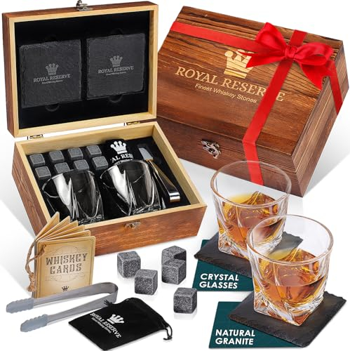 Set de Whisky Regalo para Hombre – Set Vasos Whisky Cristal, Piedras Whisky, Posavasos, Pinzas para Hielo, Caja de Madera, Bolsa de Terciopelo – para Padre, Marido, Amigo, de Royal Reserve