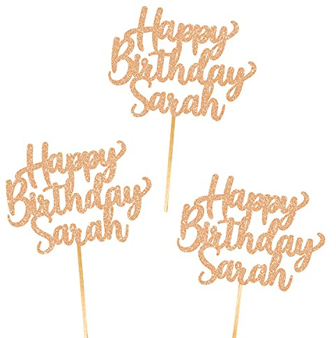 6X Personalised, Double Sided, Handmade Happy Birthday Glitter Cupcake Toppers by Cakeshop | Custom Colour Any Name 480gsm Glitter Cupcake Decorations | Rose Gold