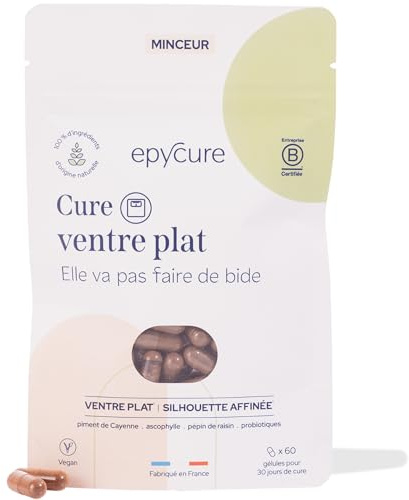 EPYCURE - Cure Ventre Plat - Réduction des Graisses Abdominales, Ballonnements, Silhouette Affinée - 100% Naturel - Pépins de raisin, Piment Cayenne, Probiotiques - Vegan Made in France (1 Sachet)
