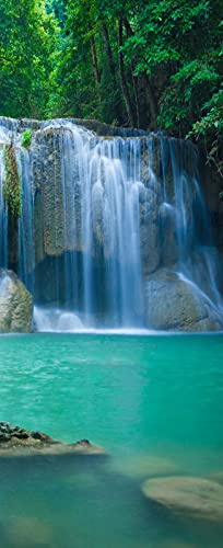 A.Monamour Pegatinas Decorativas de Puerta Autoadhesivo 3D Cascada En El Paisaje De La Naturaleza Del Bosque Profundo Vinilo para Puertas Mural PVC Pegatinas de Pared Foto Poster 90 x 200 cm