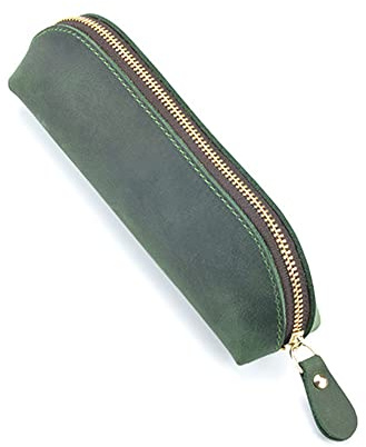 Federmäppchen aus echtem Leder, einzigartiges Design, mit Reißverschluss, für Schule, Arbeit, Büro (grün)