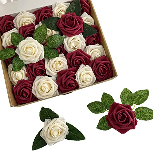 YalzoneMet Artificial Flowers 25 pcs Fake Burgundy Champagne Roses for DIY Wedding Bouquets Bride Cake Flower Decor Table Centerpieces Floral Arrangements Party Home Table Decorations