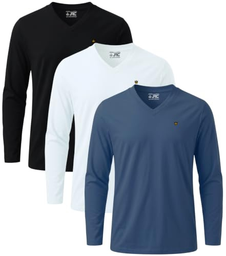 JRC Just Royal Clothing Pack of 3 Mens Long Sleeve V-Neck T-Shirts, Casual Vee Neck Tops (Mid Night, White, Black, XL)