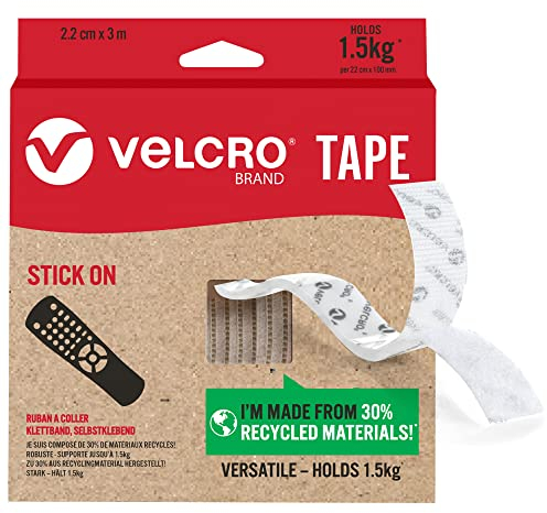 VELCRO Brand | Nastro Adesivo | Nastro Autoadesivo Taglia su Misura con Gancio e Asola Forti | Ideale per Decorare Stanze e Utilizzo in Casa, Ufficio, Garage | Bianco | 22 mm x 3 m