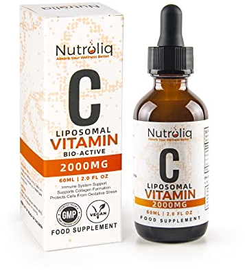 Nutroliq Liposomal Vitamin C Liquid Drops - Vegan Supplements for Men & Women's Health - Helps Boost Immune System - Quick-Absorbing, 2000mg Per Serving, Natural Orange Flavour - 60ml Glass Bottle