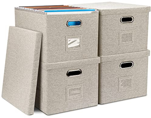 Graciadeco Beige Hängemappenbox mit Deckel, 4 Stück, dekorative Aktenbox mit Deckel, faltbare Leinen-Aktenordner, Hängemappen, Büro, Aktenordner, Büro, Dokumente, Aufbewahrungsbox