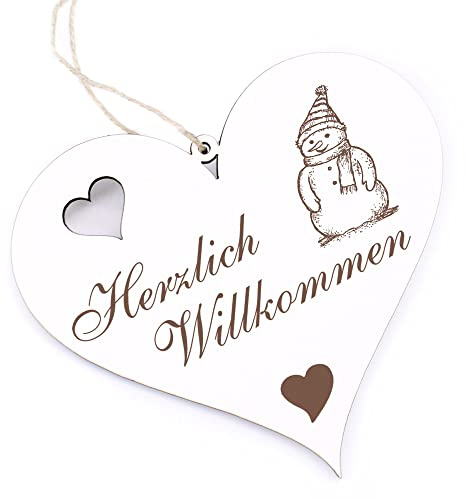 Herzlich Willkommen Schild - Schneemann - Deko Herz Holz Willkommensschild Türschild Dekoschild Türdeko