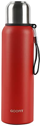 GOOFIT Thermosflasche, Edelstahl Vakuum Trinkflasche, 800 ml, BPA-frei, Lecksicher, Thermosflasche für warm, kalt, Getränke, Kaffee, Tee, Isolierte Flasche zum Wandern, Angeln, Arbeit (rot)