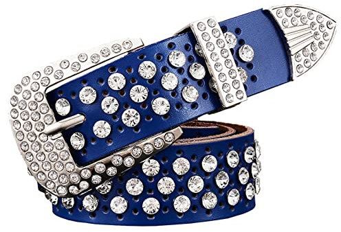 VIROYA Damen Gürtel Mode Strass echtes Leder Gürtel for Frauen Luxus Dornschließe Gürtel Frau Riemenbreite 3,3 cm (Color : Blau, Size : Length 105cm)