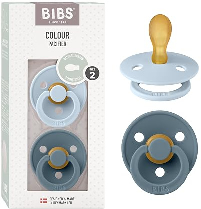 BIBS Colour Schnuller, 6-18 Monate, 2er-Pack, Baby Blue/Petrol | Symmetrischer Sauger | Naturkautschuklatex | Größe 2 | BPA-frei | Hergestellt in Dänemark | Hohe Akzeptanz | Luftlöcher