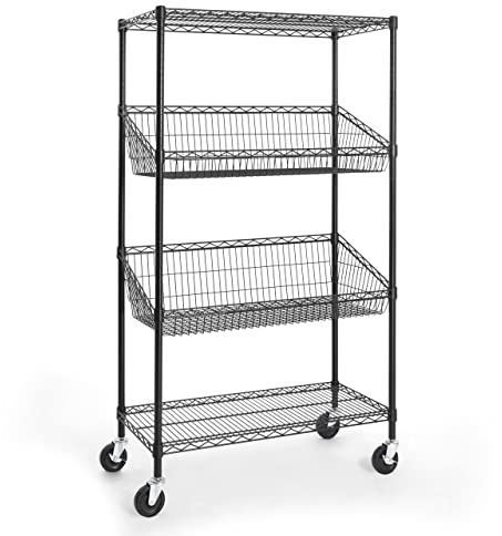 CAPHAUS NSF Commercial Heavy Duty 4 Tier Wire Shelving with Two Trapezoid Baskets, Wheels, Leveling Feet, Black Storage Shelf for Basement Garage and Utility Storage