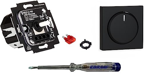 Busch Jäger 6523U-102 LED-Drehdimmer LED-Dimmer mit Dimmerscheibe Zentralplatte 6540-81-102 in anthrazit glänzend inklusive EBROM Phasenprüfer zur Montage des Dimmers (6523 U – 102)