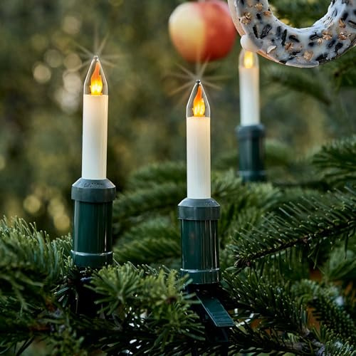 hellum Lichterkette Tannenbaum LED-Filament außen 20 Kerzen Flammeneffekt | Made in Germany warmweiß, Lichterkette Kerzen Clip, 19m beleuchtet, Stecker teilbar schwarz, inkl. 1 Ersatzkerze <59lm 430226