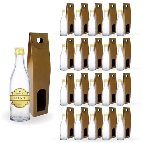 Espirito Rebelde Pack de 20 mini botellas de cristal de 50 ml con tapón de rosca dorado y caja - Mini frascos de alcohol de 5 cl, frascos de muestra, regalos de bodas.