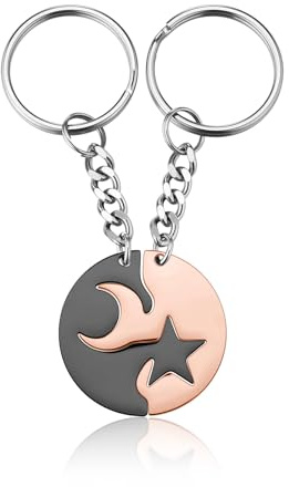 PiercingJak Partner Schlüsselanhänger mit Mond Stern Anhänger, 2 Stücke Edelstahl Yin Yang Schlüsselbund Liebe Freundschaft Beziehungs Geschenk für Freundin Freunde Pärchen Paar