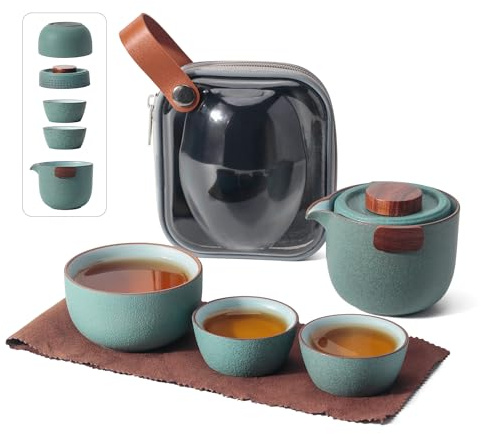 Tragbares Kungfu-Teekannen-Set, Keramik, Gongfu-Tee-Set mit 3 Tassen für eine Person, Reise-Teeset, Teekanne für Teeliebhaber, Zuhause, Hotel, Büro, Picknick, Grün