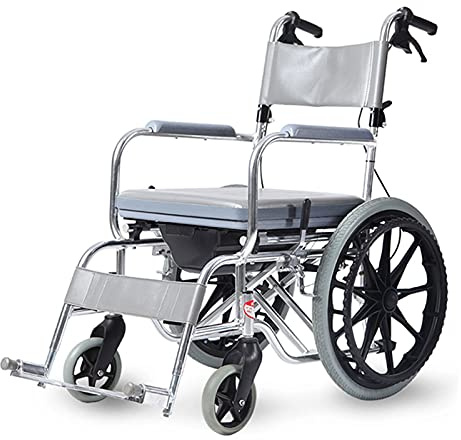 Manuelle Rollstühle für Erwachsene, Duschstuhl aus Aluminium mit feststellbaren Handbremsen, Nachtstuhl mit Rollen und gepolstertem Sitz für Behinderte und ältere Menschen (Farbe:
