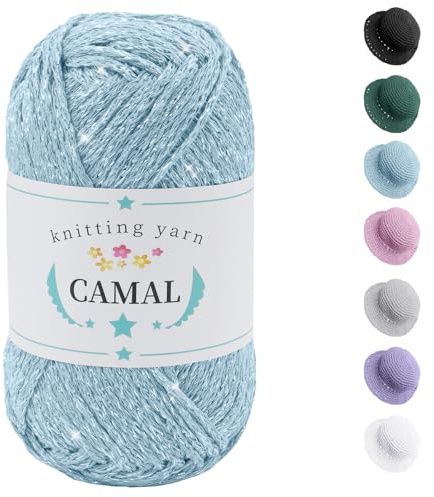CAMAL Baumwolle zum Häkeln, 100g / 140m Glitzern Häkelwolle Baumwolle für Taschen Weich Funkelnd Tshirt Garn für Häkel & Strickgarn, Metallic Häkelgarn für DIY Handtasche (Silberseeblau)