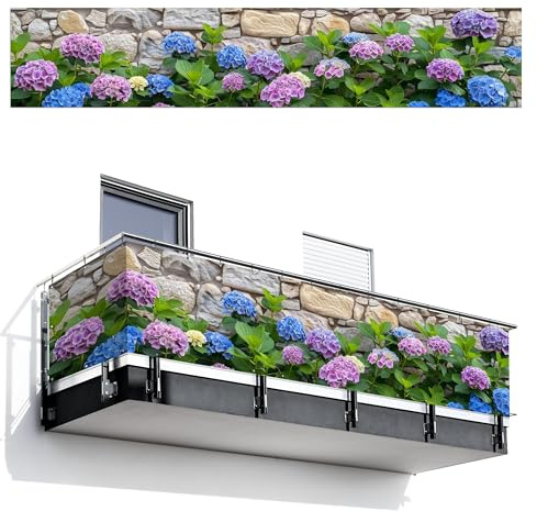MuchoWow© Balkongeländer Sichtschutz Einseitig Groß PVC Garten Windschutz | 100x500 cm - Seitlich ohne bohren Wetterfest Zaunsichtschutz Terrasse Balkon Abdeckung Blumen - Steinoptik - Bunt