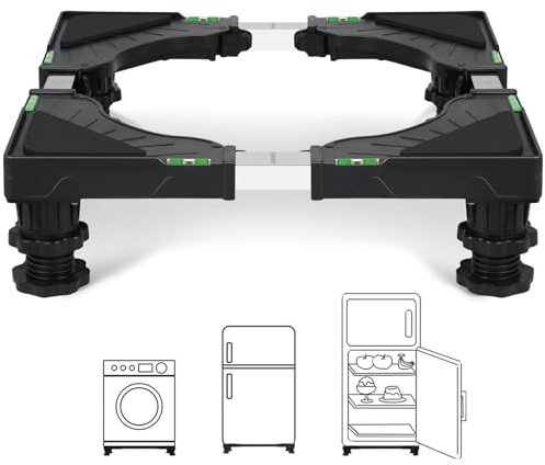 Humagineer Soporte Lavadora Secadora con 4 Patas Suspendidas con Cierre, Ancho Regulable 40-62cm y Altura 10-12.5cm, Base para Lavadora Alta Carga 200KG, Base de Muebles y Exterior, Negro