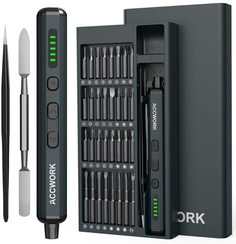 Accwork Tournevis électrique de précision 68 en 1 - Avec 64 embouts magnétiques S2-5 vitesses - Écran LED magnétique - Pour ordinateur portable, lunettes, montres