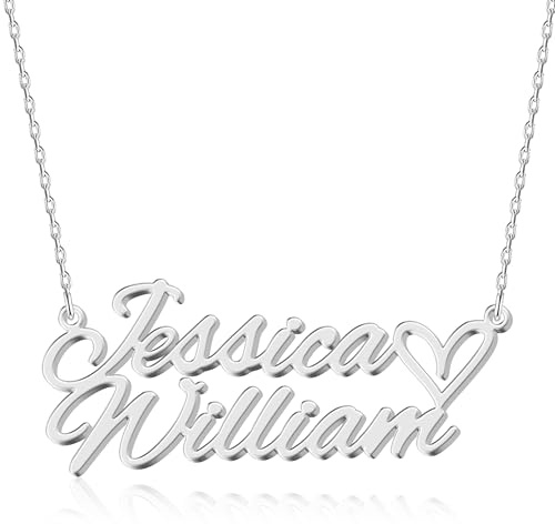 UMAGICBOX Personalisierte Kette mit Zwei Namen und Herz - Schmuck aus 925er Sterlingsilber oder Edelstahl, Geschenk für Paare, Familie und Freunde, Valentinstag, Geburtstage und Feste (Silber)