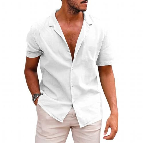 MSIYOW Camicia Lino Uomo Camicia Maniche Corte Estiva Camice Casual con Bottoni Tinta Unita Regular Fit (2XL, Bianco)