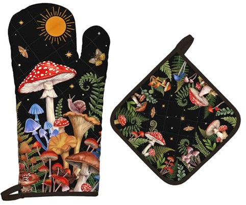 Arquiel Gants De Four & Maniques Champignon Lot De 2, 100% Coton Maniques Cuisine Gant Four Anti Chaleur Extra-Longue pour Barbecue, Cuisine, Griller,Micro-Ondes