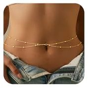LunarCharm catena a vita d'oro per donne, acciaio inossidabile placcato oro 14 carati, catena a vita multistrato, regolabile, impermeabile, collana di perle satellite per bikini sexy