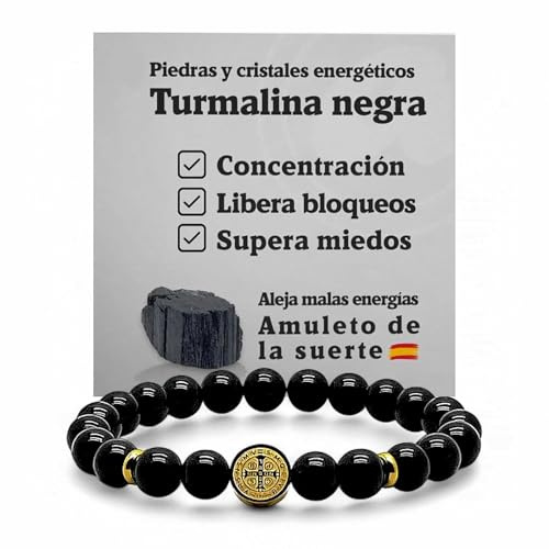 arana's® Bracciale medaglia croce San Benito tormalina nera - Filo elastico con sfere da 8 mm - Braccialetti energetici per donna e uomo - Amuleto contro le cattive energie e il malocchio, 19,50 cm