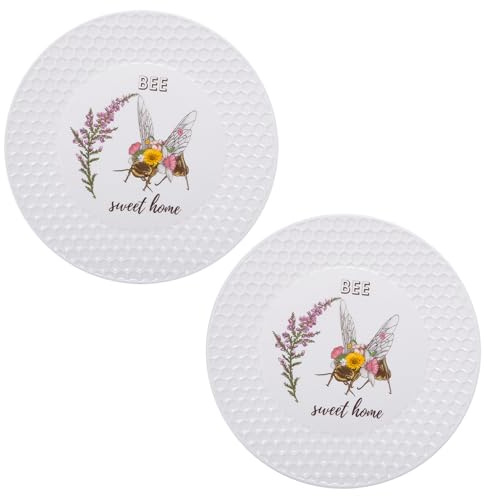 Prefdo 2 piattini da tè e caffè, motivo ape miele, piatti da tè rotondi in ceramica, piccoli piatti da dessert per casa, cucina, ufficio, caffetteria, tea party, bianco