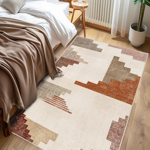 Chicnix Teppich Läufer Flur 80x150, Teppich Küche Waschbar Kurzflor rutschfest, Moderner Geometrisch Patchwork Wohnzimmerteppich für Eingangsbereich Kinderzimmer Esszimmer Dekor, Braun Orange