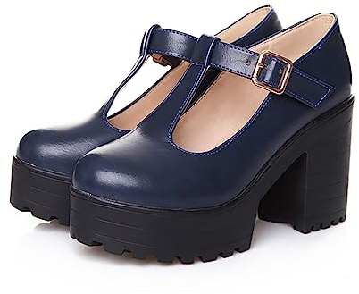 High Heel Platform Shoes Women Closed Toe Block Heels Comfortable Fashionable Shoes Pumps Ladies UK Casual Platform Wedge Shoes Lady Footwear Shallow Square Toe Ankle Strap Dress for Party Prom Blue